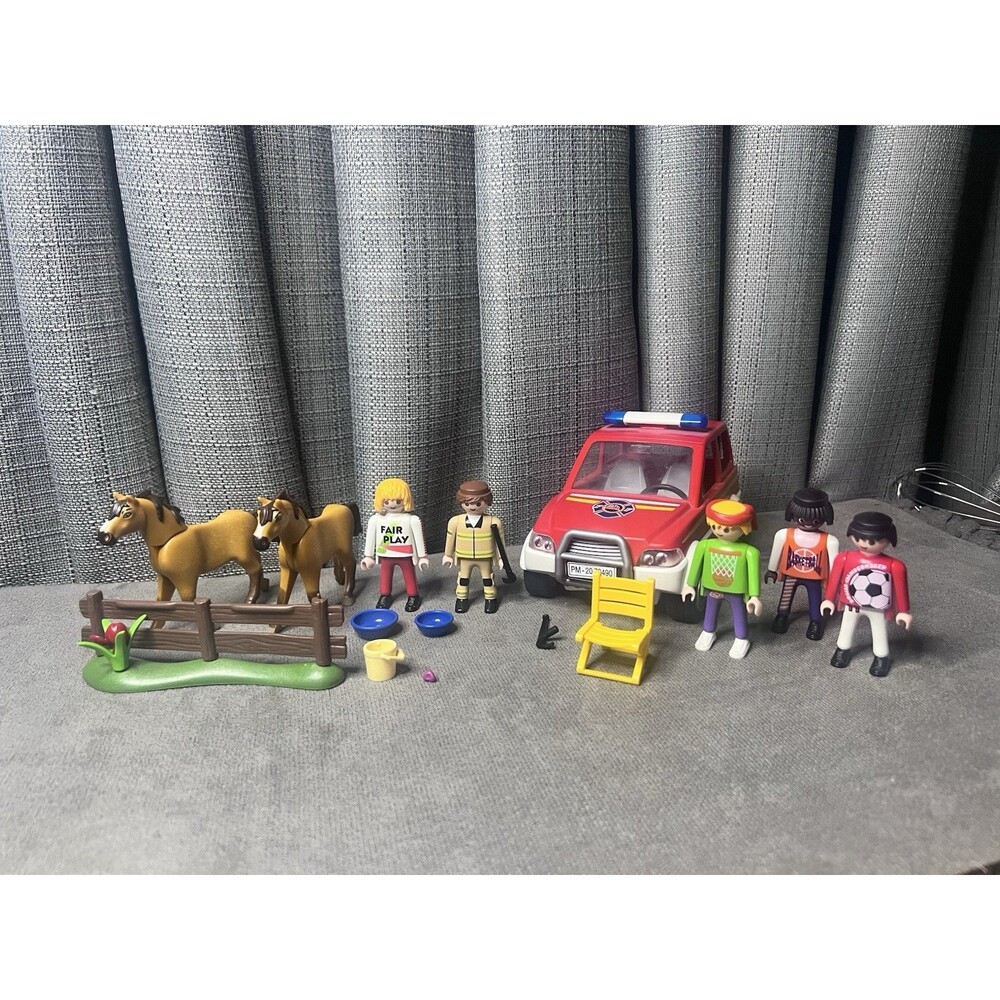 Playmobil Figures Fireman Soccer Ambulance Horses Chair Dishes Lot